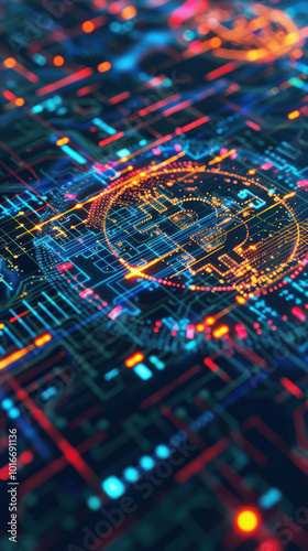 A vibrant circuit board Bitcoin with glowing lines and a digital clock face, symbolizing advanced technology