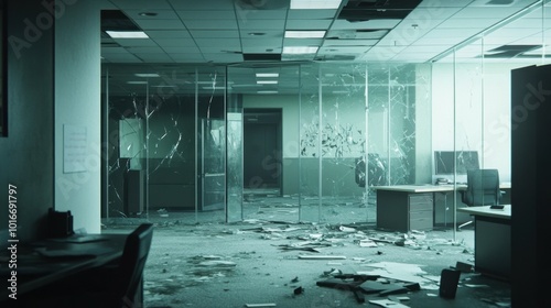 An abandoned office with shattered glass partitions and scattered debris, capturing the haunting silence of a space once bustling with activity photo