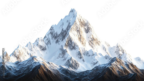 Majestic snow-capped mountain peak with sunlight, isolated on transparent cutout background