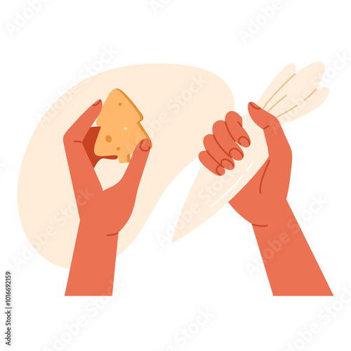 Hands decorating Christmas gingerbread cookie with icing using a piping bag. Top view on process of baking and decorating sweet cookies. Homemade dough concept. Isolated vector illustration in cartoon