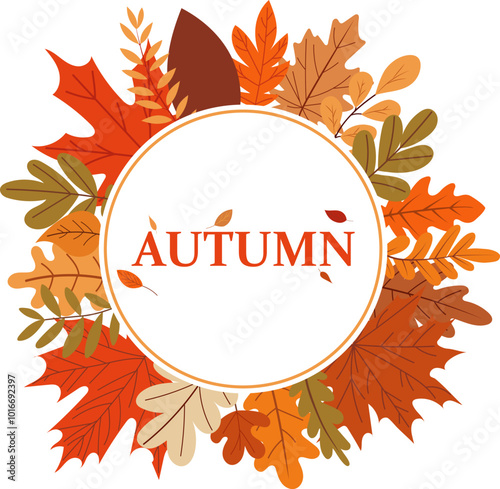 Round frame with autumn leaves with the inscription autumn on a white background. Design element for flyer, invitation, seasonal sale, festival.