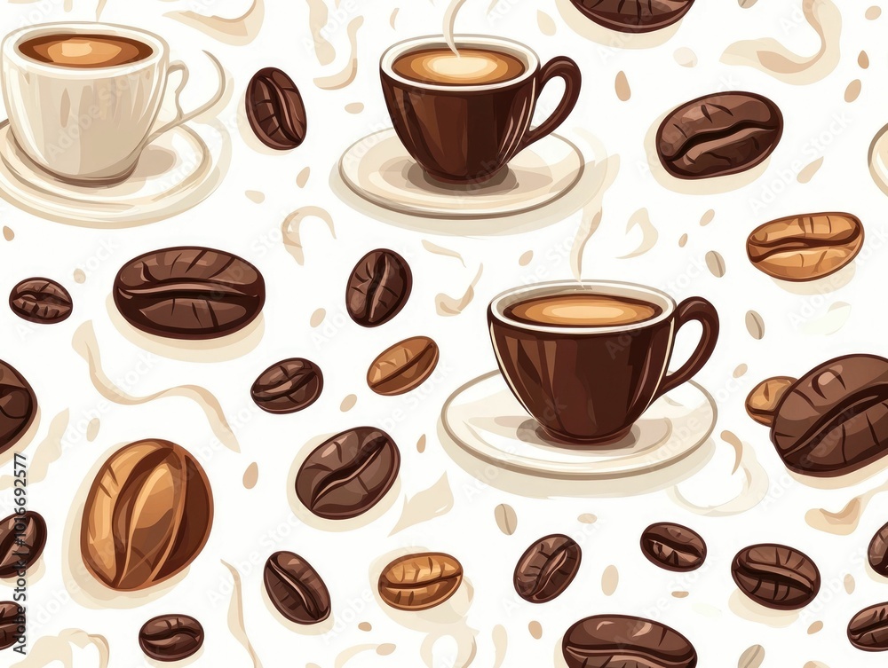 Obraz premium Seamless showcasing a minimalist stylized pattern of coffee cups roasted coffee beans and swirls of steam creating a cozy and inviting atmosphere perfect for cafes coffee shops