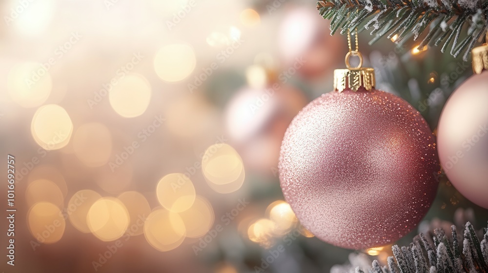 A beautiful pink ornament is gracefully suspended from a Christmas tree branch, glistening softly amid the snow. The warm glow of golden lights creates a cozy holiday atmosphere, perfect for winter ce A beautiful pink ornament is gracefully suspended from a Christmas tree branch, glistening softly amid the snow. The warm glow of golden lights creates a cozy holiday atmosphere, perfect for winter ce