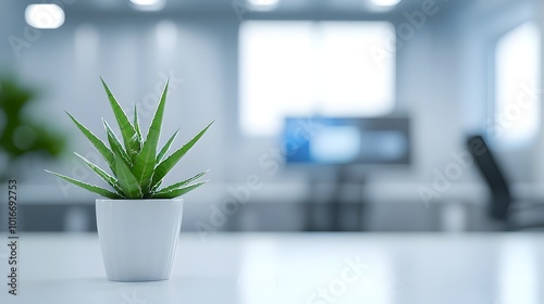 Minimalist White Office Desk with Solitary Green Plant Accent