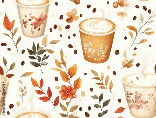 Elegant and inviting pattern featuring artfully crafted coffee cups showcasing intricate floral latte art  accompanied by scattered coffee beans and autumn leaves in a warm  cozy color palette