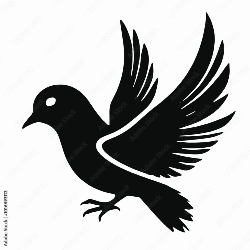 Fototapeta premium A black silhouette of a dove or pigeon with an olive branch in its beak 