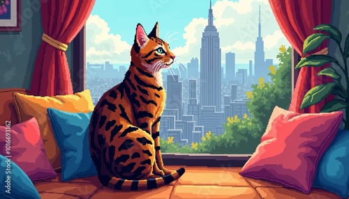 A Bengal cat sits on a windowsill overlooking a cityscape, bathed in warm sunlight