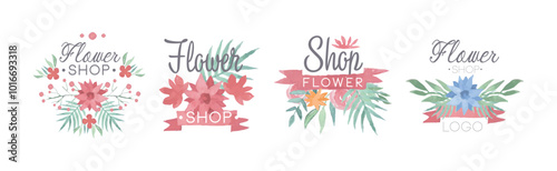 Flower Shop Watercolor Label Design with Floral Bud Vector Set