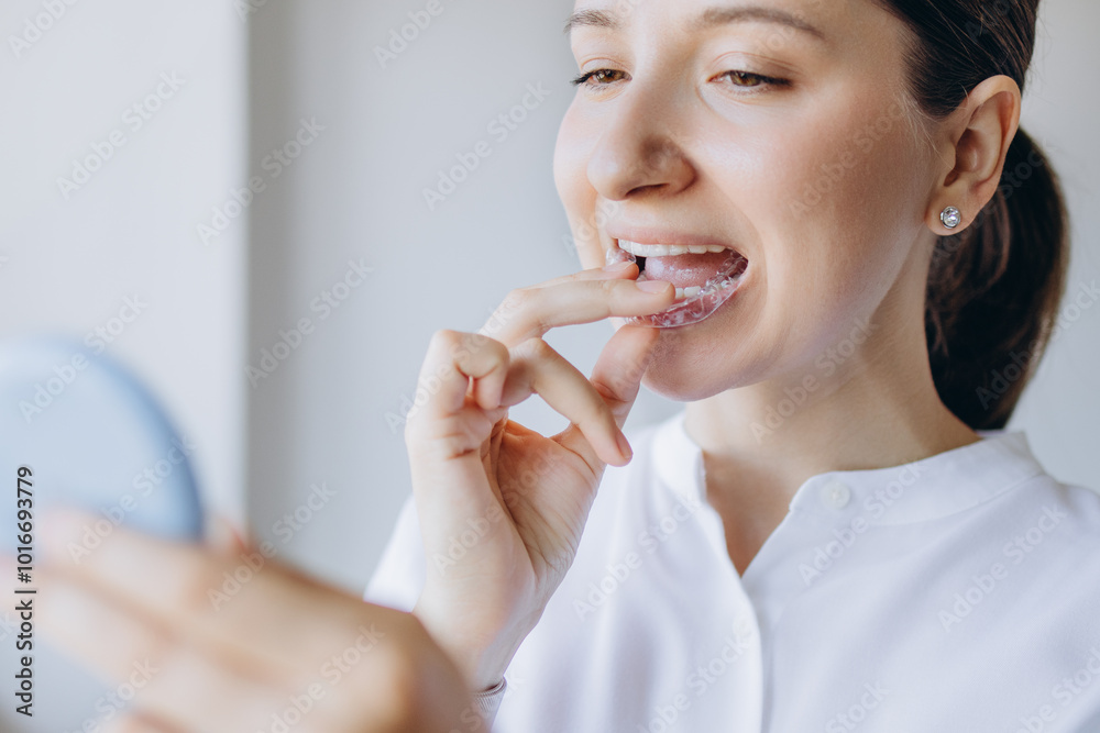 Woman Putting On Invisible Removable Braces Aligner, Orthodontic Treatment To Align Teeth Woman Putting On Invisible Removable Braces Aligner, Orthodontic Treatment To Align Teeth