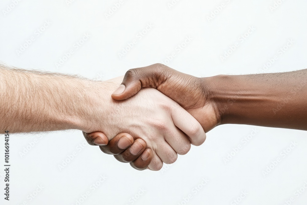 Close-Up of a White and Black Man Handshake on White Background Close-Up of a White and Black Man Handshake on White Background