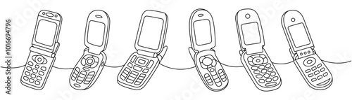 Retro phones one line continuous drawing. Set of flip mobile phones. Vector linear illustration.