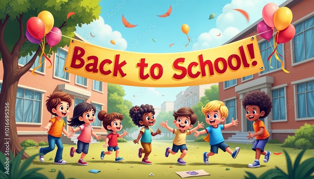 Obraz premium Happy children run towards a school building with a Back to School! banner, celebrating the start of the school year