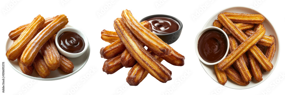 Churros with dipping sauces isolated on transparent background ideal for dessert-themed illustrations or Spanish food-related designs Churros with dipping sauces isolated on transparent background ideal for dessert-themed illustrations or Spanish food-related designs