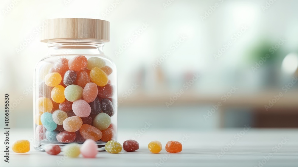 A variety of colorful candy pieces spill from a transparent jar onto a light wooden kitchen counter, suggesting a playful, tempting bounty of sweets. A variety of colorful candy pieces spill from a transparent jar onto a light wooden kitchen counter, suggesting a playful, tempting bounty of sweets.