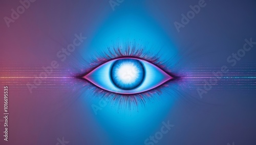 A digitally created image featuring a single eye with a cybernetic aesthetic against a gradient background