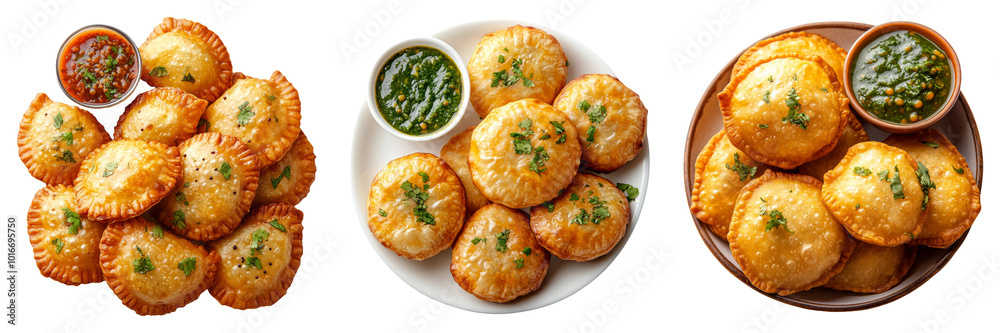 Stuffed pastries with dipping sauces isolated on transparent background perfect for food-related illustrations or culinary-themed advertisements
