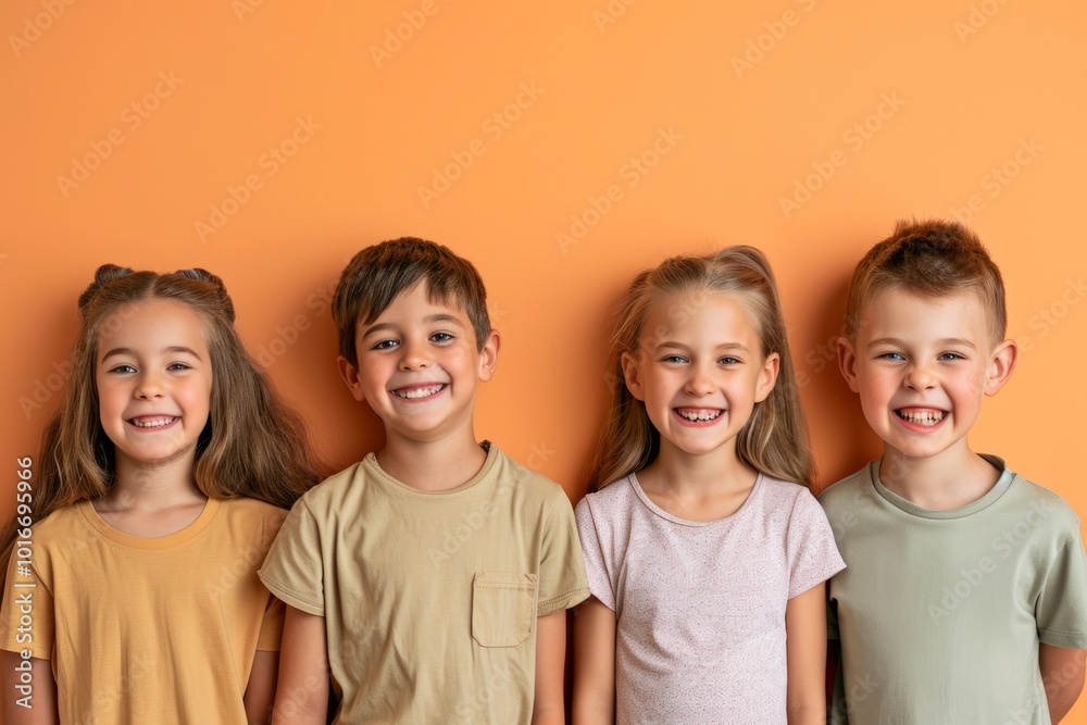Group of happy children laughing and looking at camera isolated on orange background Group of happy children laughing and looking at camera isolated on orange background