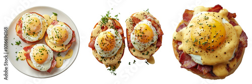 Eggs benedict dishes with fresh herbs and sauce isolated on transparent background ideal for breakfast-themed illustrations or food advertisements photo