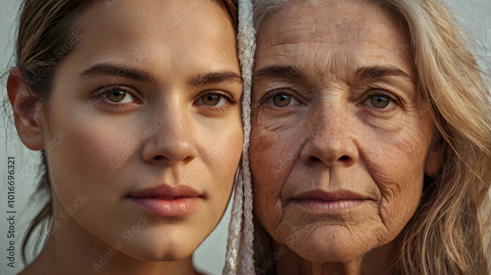 Fototapeta premium half young and old female faces side by side, generational contrast and aging on a close-up portrait