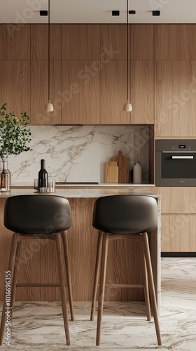 Modern kitchen featuring wooden cabinets, elegant bar stools, and a stylish marble backsplash, perfect for contemporary living. photo