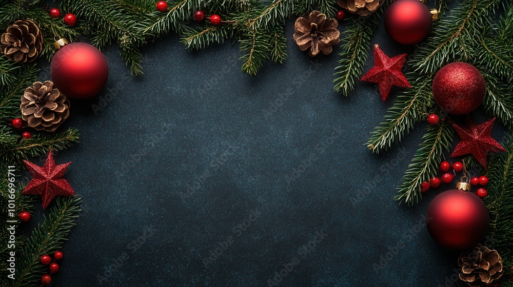 Decorative Christmas elements feature red ornaments, pine cones, and stars arranged among lush green pine branches on a dark surface, creating a cheerful holiday ambiance perfect for seasonal celebrat