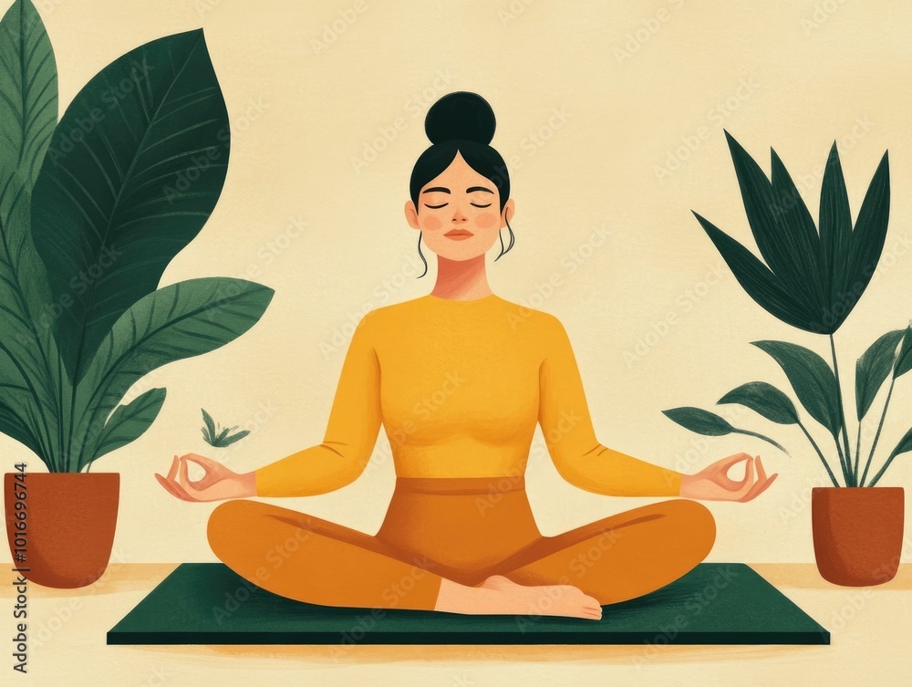 custom made wallpaper toronto digitalHand drawn of a woman in a meditative pose on a yoga mat surrounded by lush tropical plants and earthy calming color tones