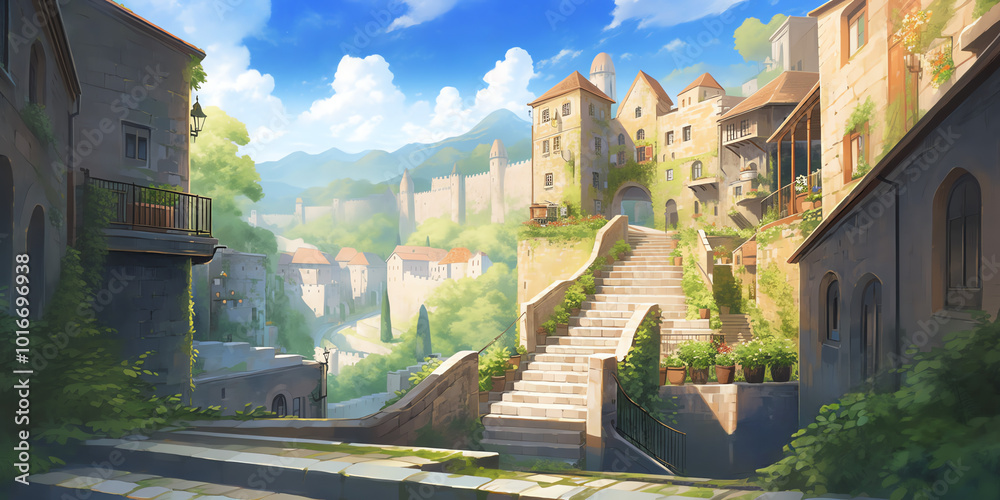 Φωτογραφία 長い階段がある城下町の風景。TRPGやゲームの背景として使える