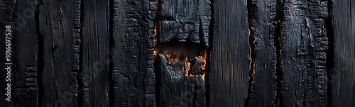  Burnt wood texture. Black charcoal background for design. Wooden wall damaged by fire.  photo