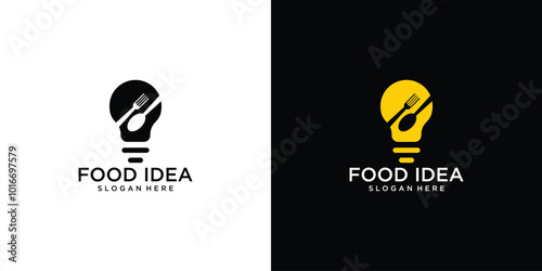 Creative food idea logo design with bulb combination premium vector