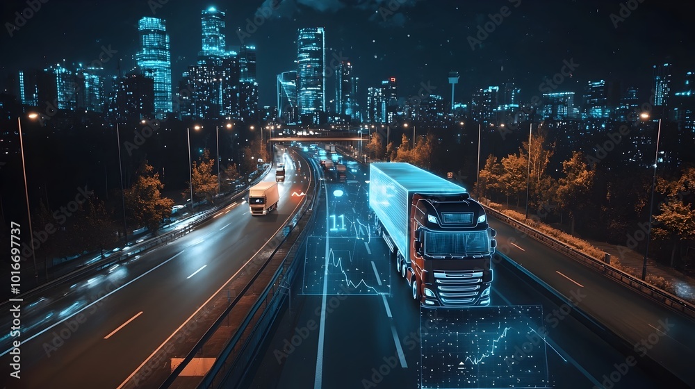 Fototapeta premium Digital Truck Journey Tracking Interface with Route Monitoring and Status Updates