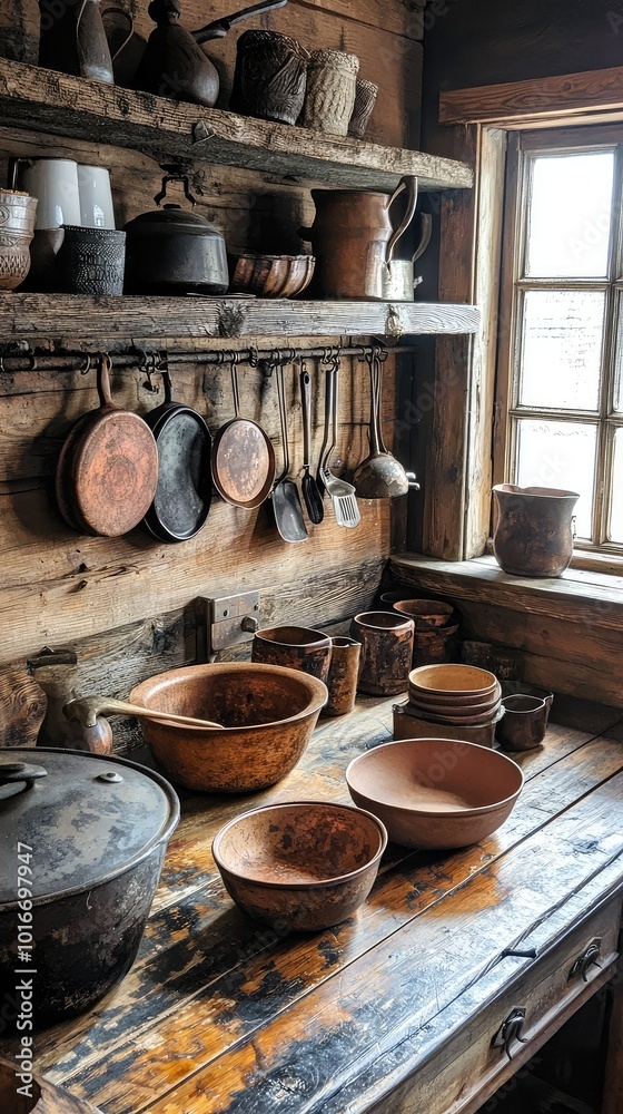 Rustic kitchen interior featuring an array of handcrafted pottery and vintage utensils on a wooden table and shelf. Rustic kitchen interior featuring an array of handcrafted pottery and vintage utensils on a wooden table and shelf.