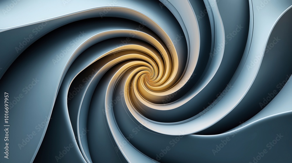 Abstract image with a swirling spiral pattern composed of curved, layered metallic surfaces in shades of blue and gold. Abstract image with a swirling spiral pattern composed of curved, layered metallic surfaces in shades of blue and gold.