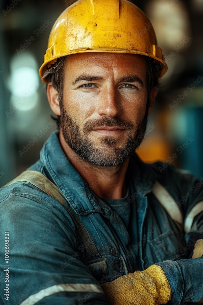 A confident male construction worker stands with his arms crossed, wearing a yellow hard hat and gloves. A confident male construction worker stands with his arms crossed, wearing a yellow hard hat and gloves.