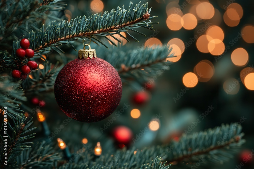A vibrant red ornament dangles from a pine tree branch, surrounded by softly glowing holiday lights. The setting captures the cozy ambiance of December festivities, creating a warm, inviting atmospher A vibrant red ornament dangles from a pine tree branch, surrounded by softly glowing holiday lights. The setting captures the cozy ambiance of December festivities, creating a warm, inviting atmospher