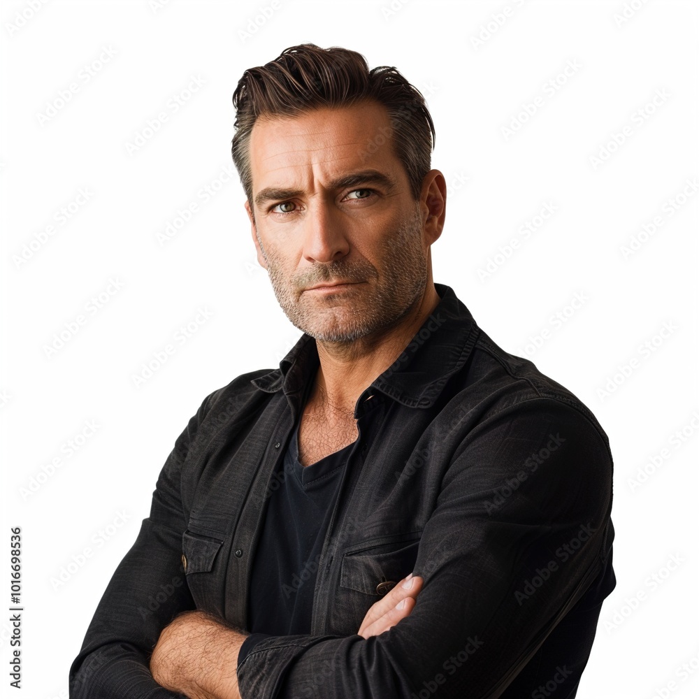 Portrait of confident man with arms crossed and serious face isolated on transparent png Portrait of confident man with arms crossed and serious face isolated on transparent png