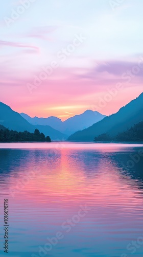 Scenic view of a tranquil lake at sunset, surrounded by mountains and reflecting vibrant colors in the water.