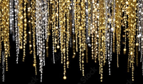 Luxurious golden and silver garland with lights hanging on a black background