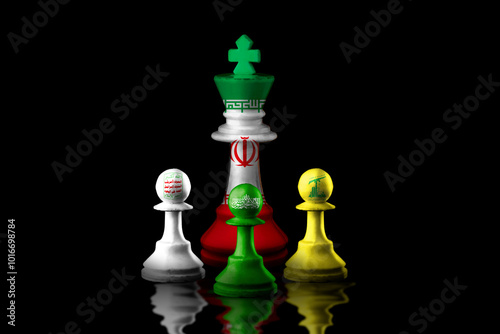 iran,houthi rebels, hamas and hizbullah flags paint over on chess pieces. 3D illustration iran vs israel concept.