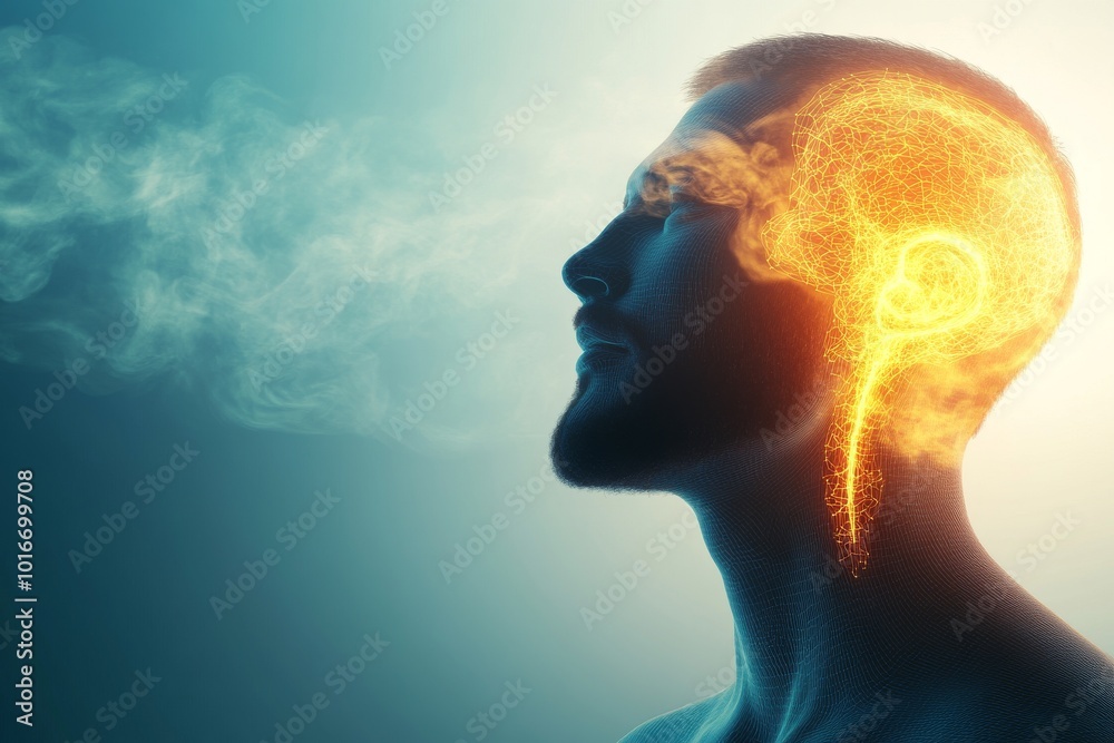 Against a dark blue background, a human body has glowing red pain points on neural pathways illustrating pain or nerve stimulation