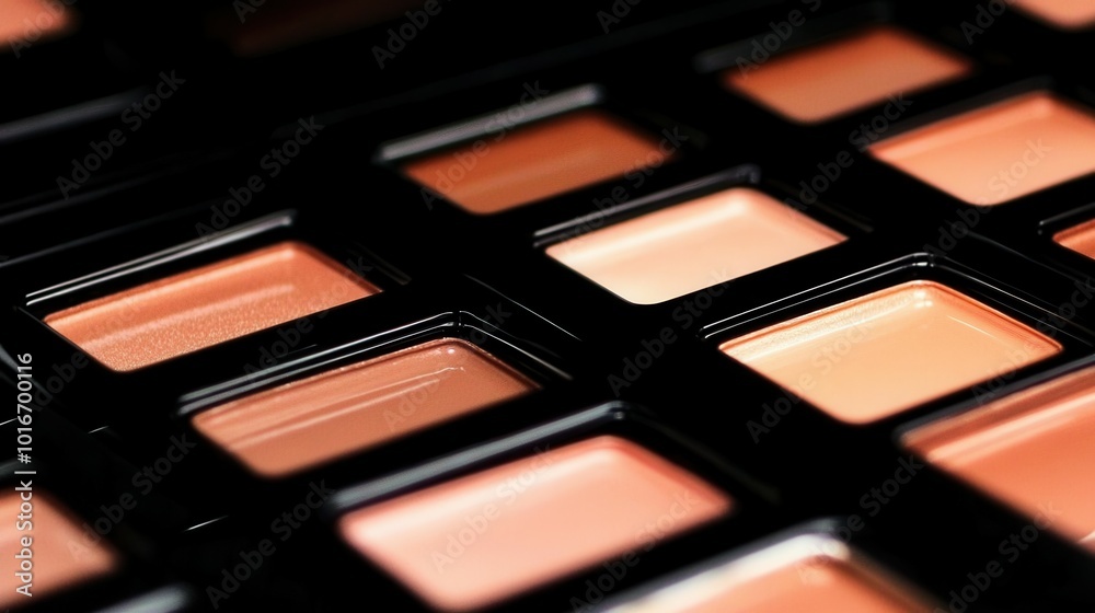 A diverse selection of lip shades is organized neatly in a black palette, showcasing a range of colors from nude to peach tones. This visual inspires creativity and versatility for makeup applications A diverse selection of lip shades is organized neatly in a black palette, showcasing a range of colors from nude to peach tones. This visual inspires creativity and versatility for makeup applications