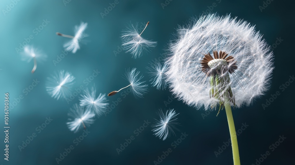 Fototapeta premium A beautifully detailed image of a dandelion seed head dispersing its seeds into the soft blue air, symbolizing freedom and the passage of time in nature's elegance.