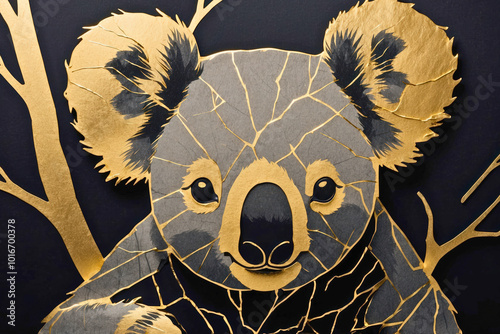 Fantasy abstract koala portrait illustration with golden decoration texture design, nature theme concept.
 photo