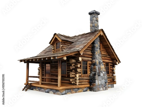 Charming Log Cabin with Stone Chimney and Wooden Porch Isolated on White Background