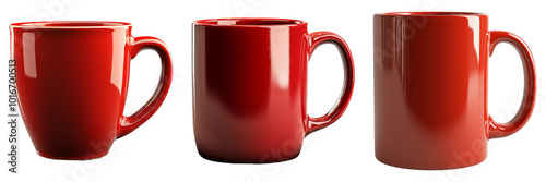 Red coffee mugs in various designs isolated on transparent background perfect for kitchenware illustrations or beverage-themed advertisements