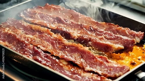 mouth watering sight halal beef bacon frying inpan captured fromtop view delicious cooking process smoked rasher strip emphasizing rich smoky taste bacontrue treat 4K quality photo