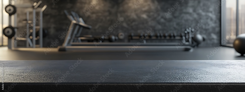 Black countertop with gym background for product. Empty tabletop with fitness room interior. Mockup platform for sports nutrition presentation. Black countertop with gym background for product. Empty tabletop with fitness room interior. Mockup platform for sports nutrition presentation.