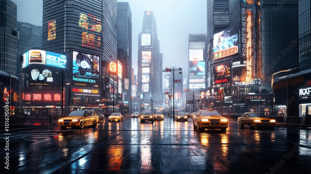 Rainy evening in a futuristic city with illuminated billboards, neon signs, and multiple taxi cabs on a wet street reflecting lights.