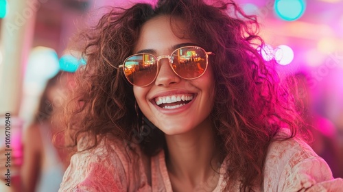 A joyful woman wearing sunglasses smiles broadly while taking in a lively party scene, surrounded by colorful lights and festive atmosphere.