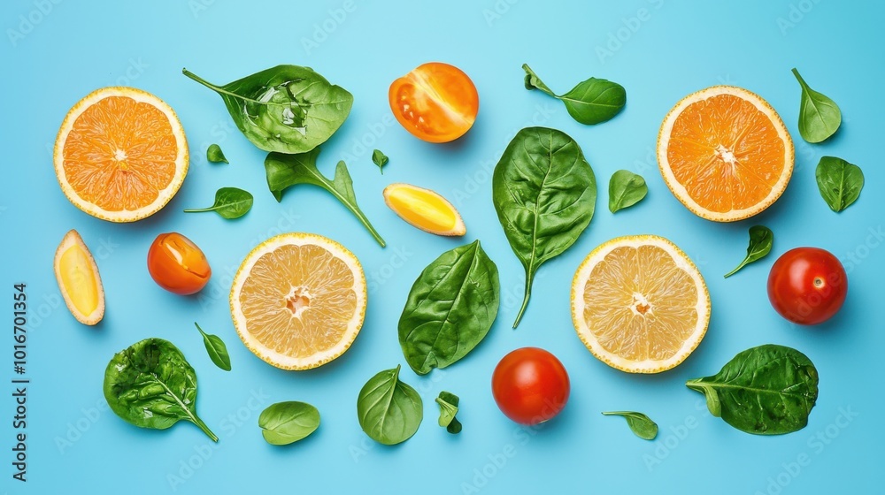Assorted Citrus and Greens on Blue Background Assorted Citrus and Greens on Blue Background