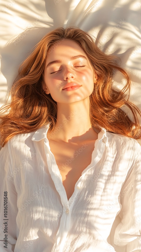 Serene Morning Moment: Woman Relaxing in Sunlight with Peaceful Expression